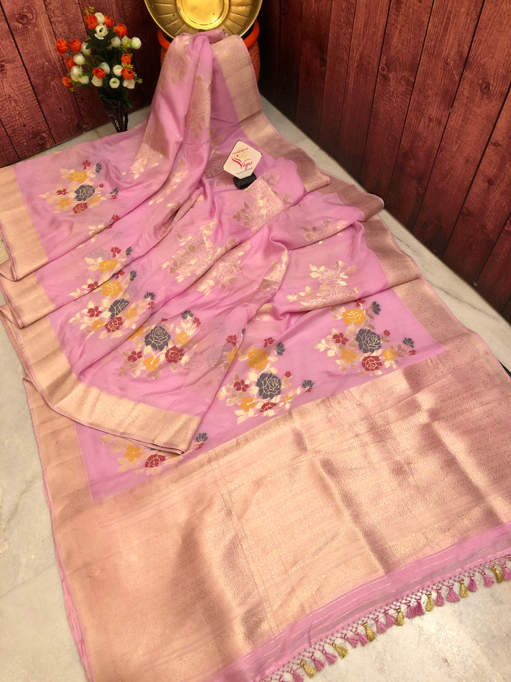 Pink Color Muga Banarasi Silk Saree