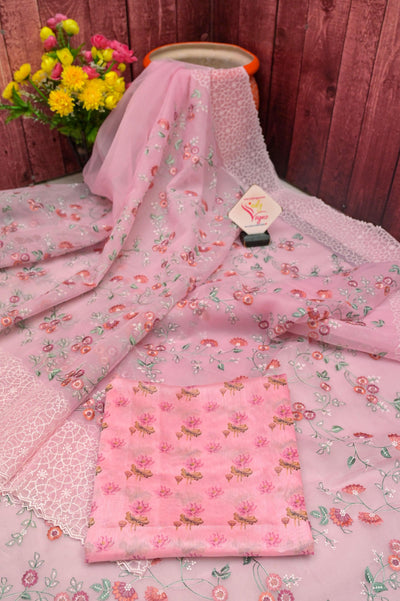 Buy Pink Color Organza Saree with Machine Embroidery At IndyVogue