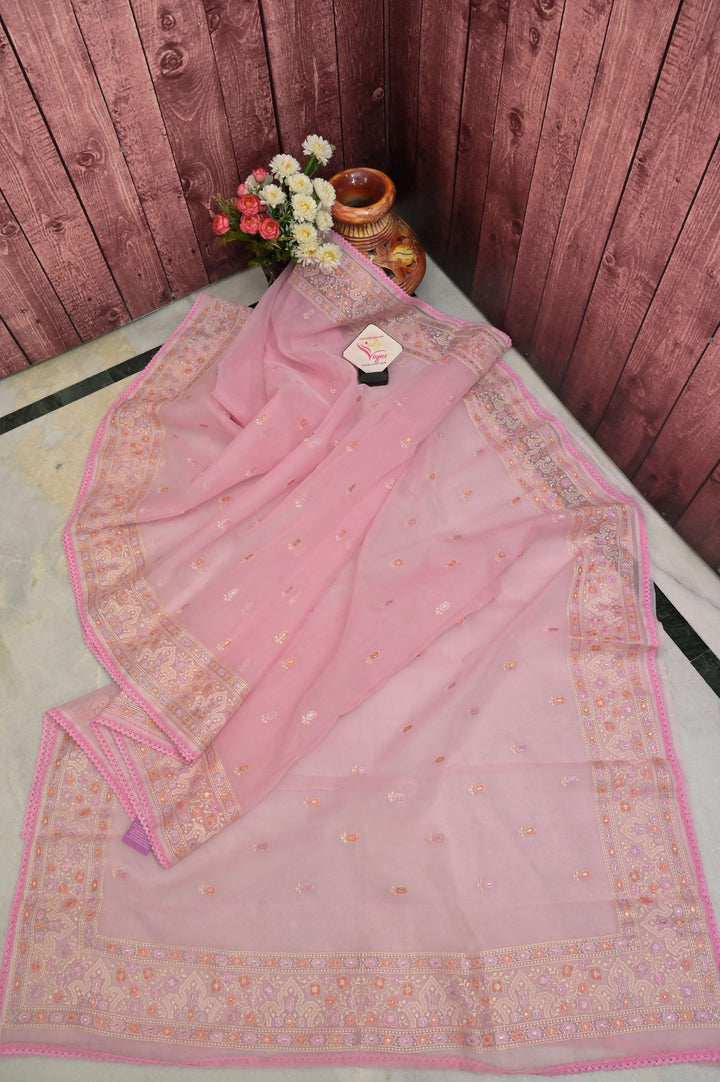Pink Color Organza with Thread and Zari Embroidery with Lace Border
