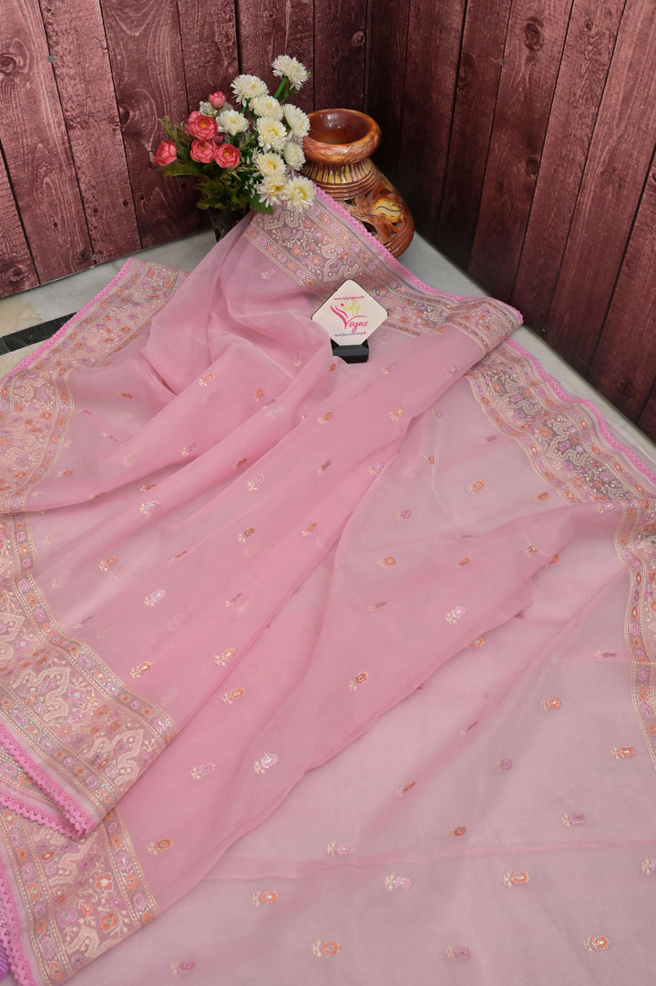 Pink Color Organza with Thread and Zari Embroidery with Lace Border