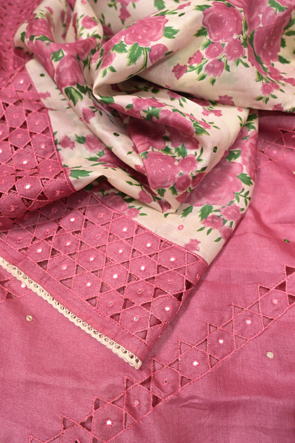 Pink Color Pure Tussar Silk Saree with Floral Digital Print Work with Mirror and Cutwork