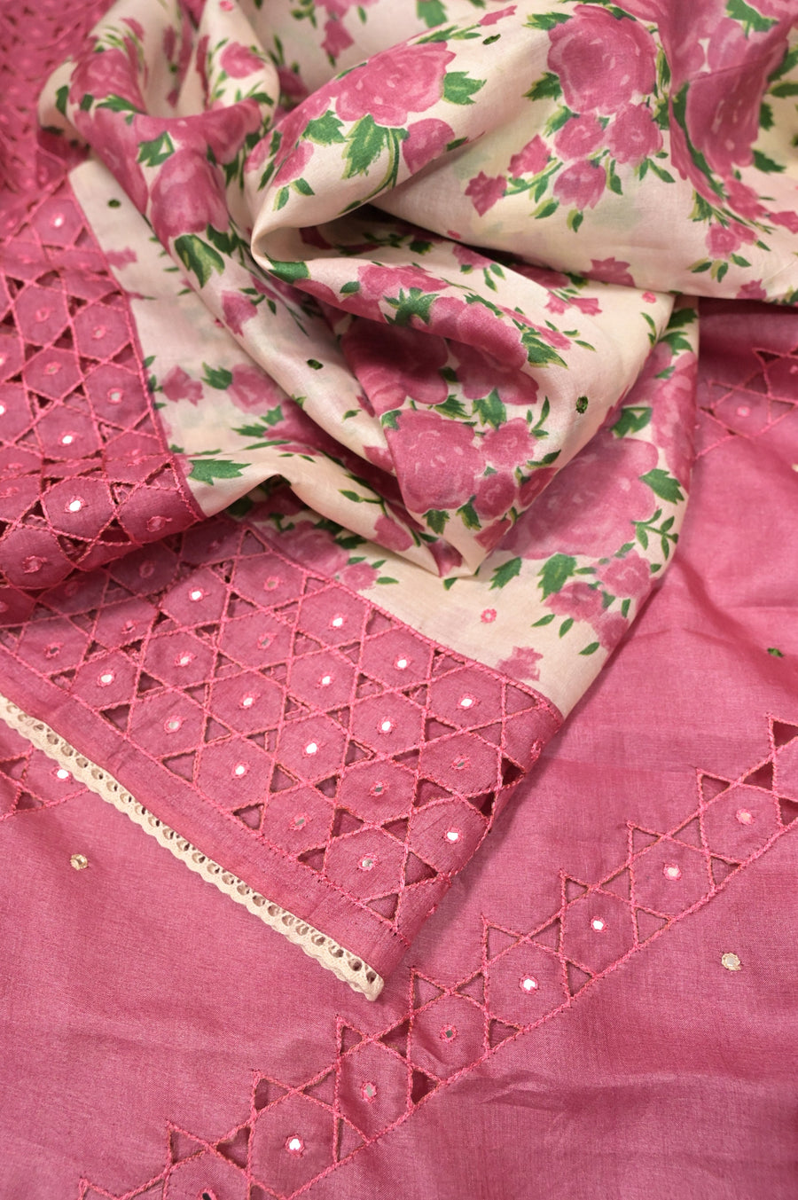 Pink Color Pure Tussar Silk Saree with Floral Digital Print Work with Mirror and Cutwork