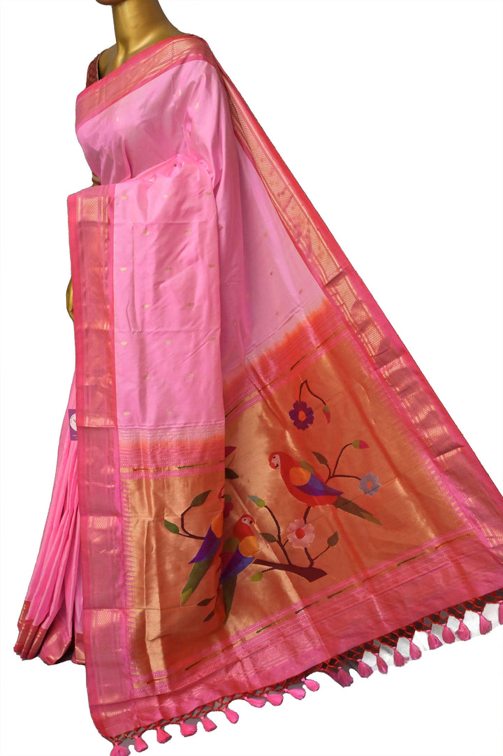 Pink Color Pure Yeola Paithani Saree with Munia Design and Allover Buti Work