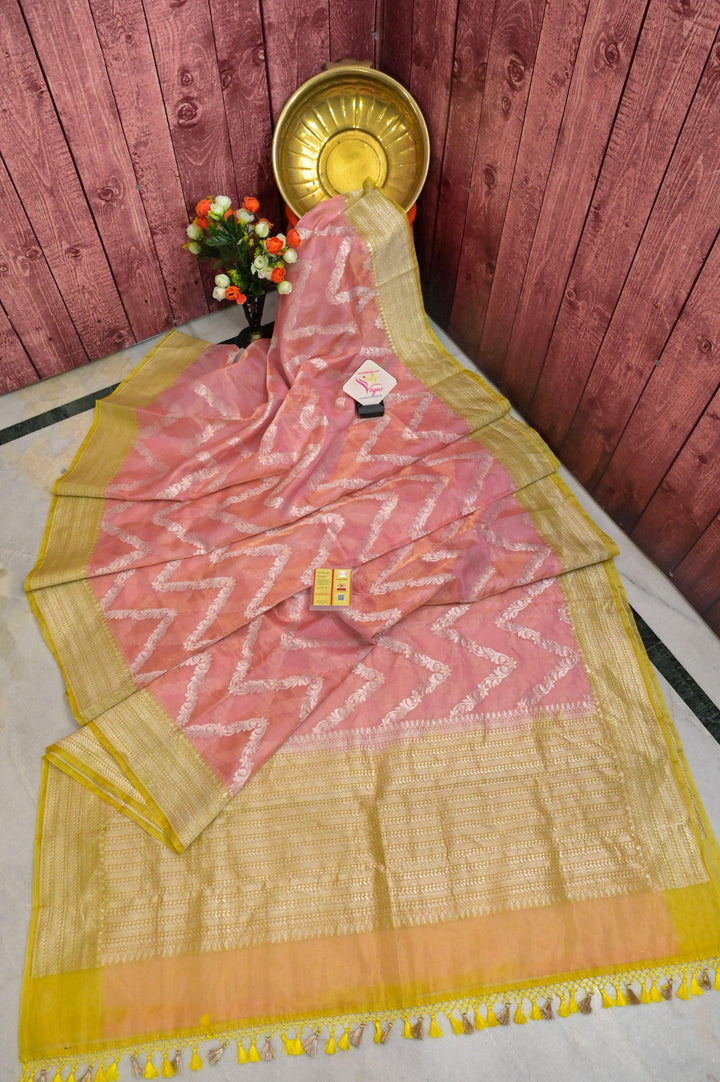 Pink Silver Stripes Tissue Organza Banarasi