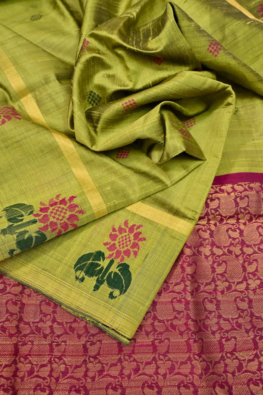 Pista Geeen and Rani Color Pure Raw Silk Saree with Floral Motif in Gap Border