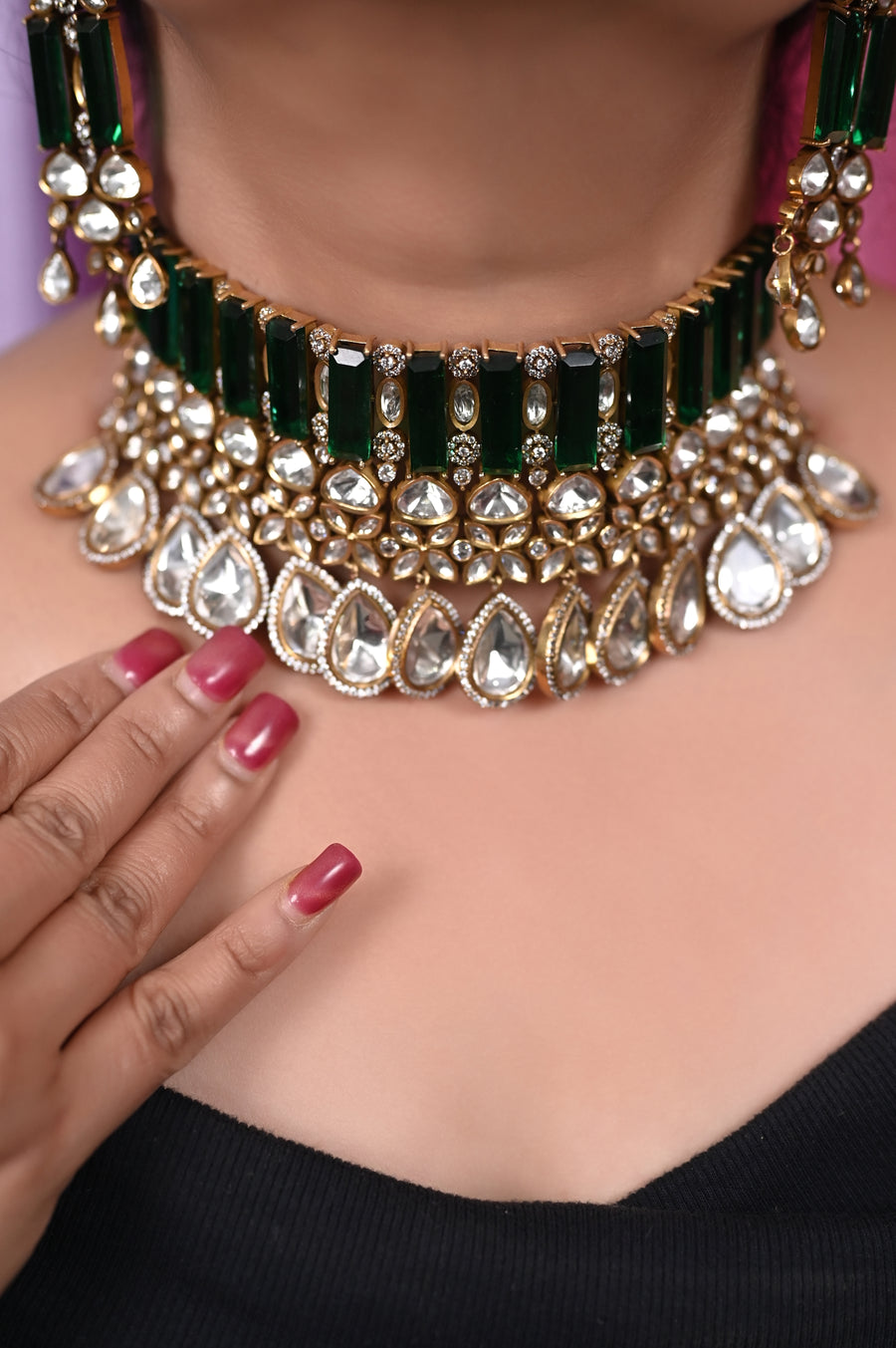 Polki Design Choker Necklace Set with Stone Work