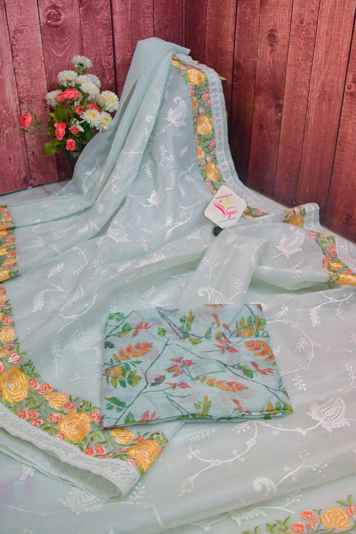 Powder Ash Color Organza Saree with Floral Machine Embroidery