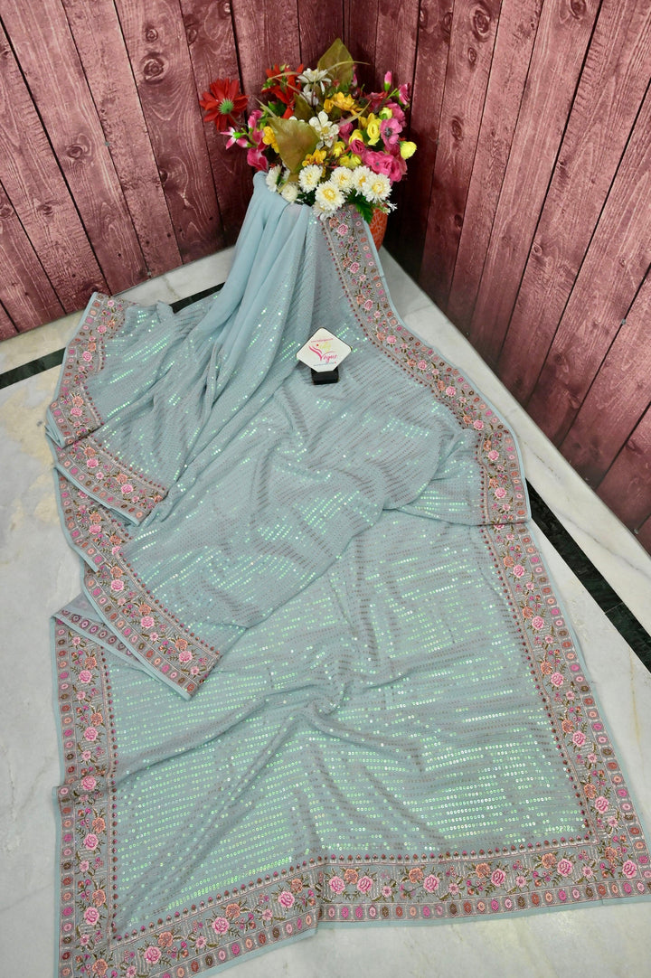 Powder Blue Color Designer Saree with Sequin and Embroidery Work