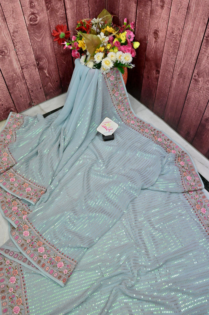 Powder Blue Color Designer Saree with Sequin and Embroidery Work
