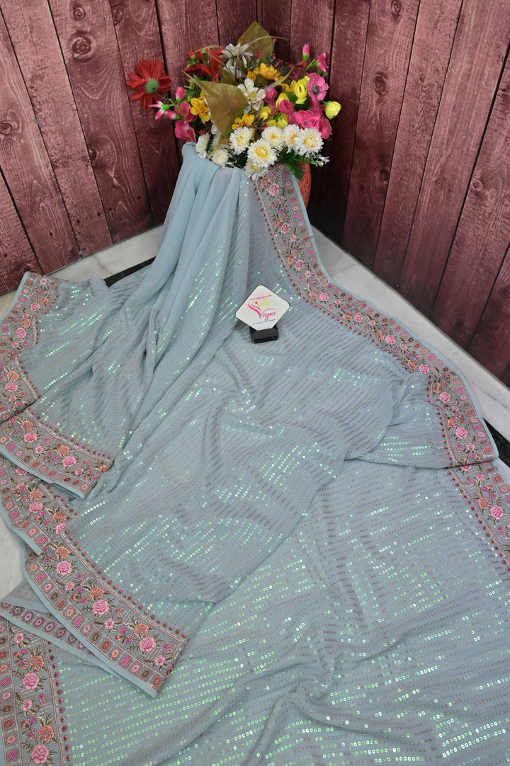 Powder Blue Color Designer Saree with Sequin and Embroidery Work