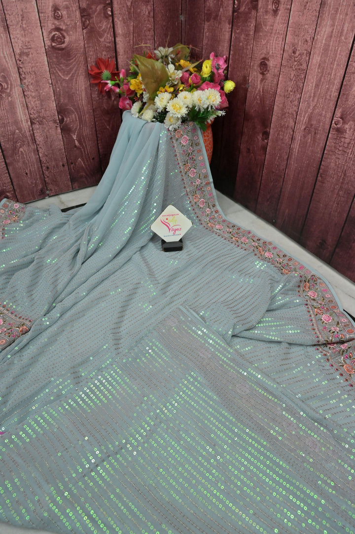 Powder Blue Color Designer Saree with Sequin and Embroidery Work