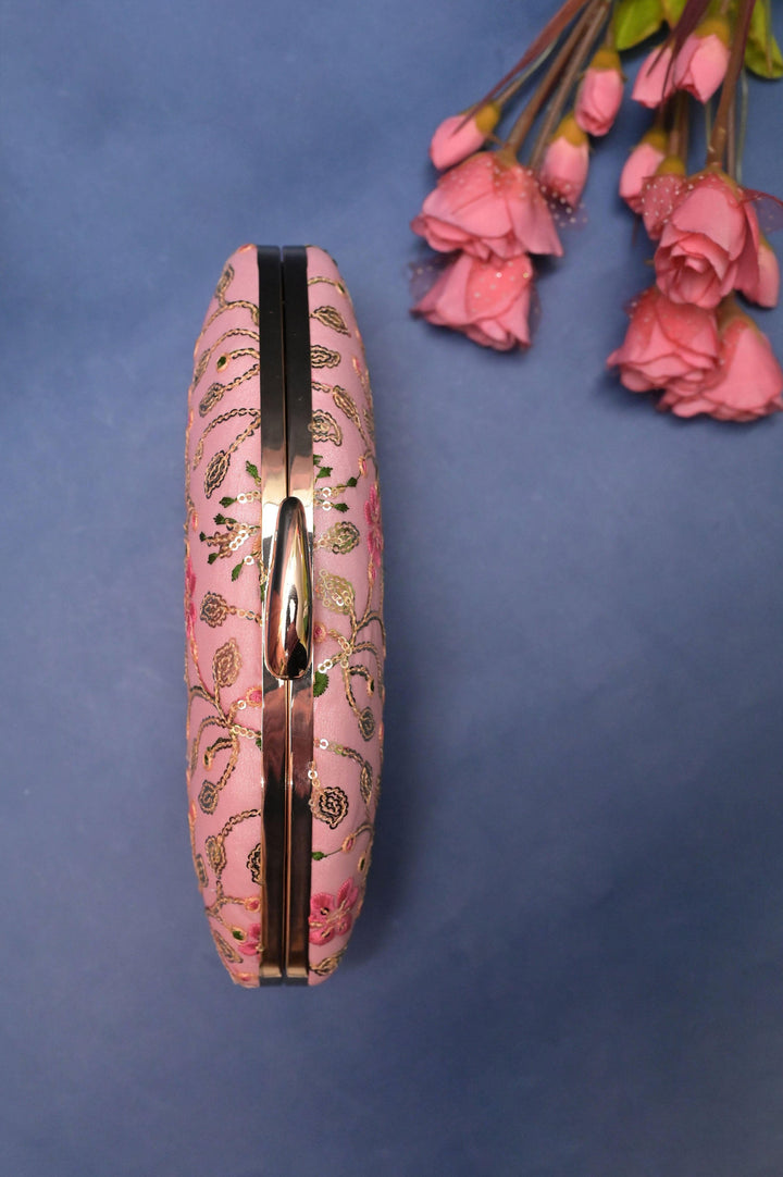 Powder Pink Color Shell Shape Clutch with Embroidery Work