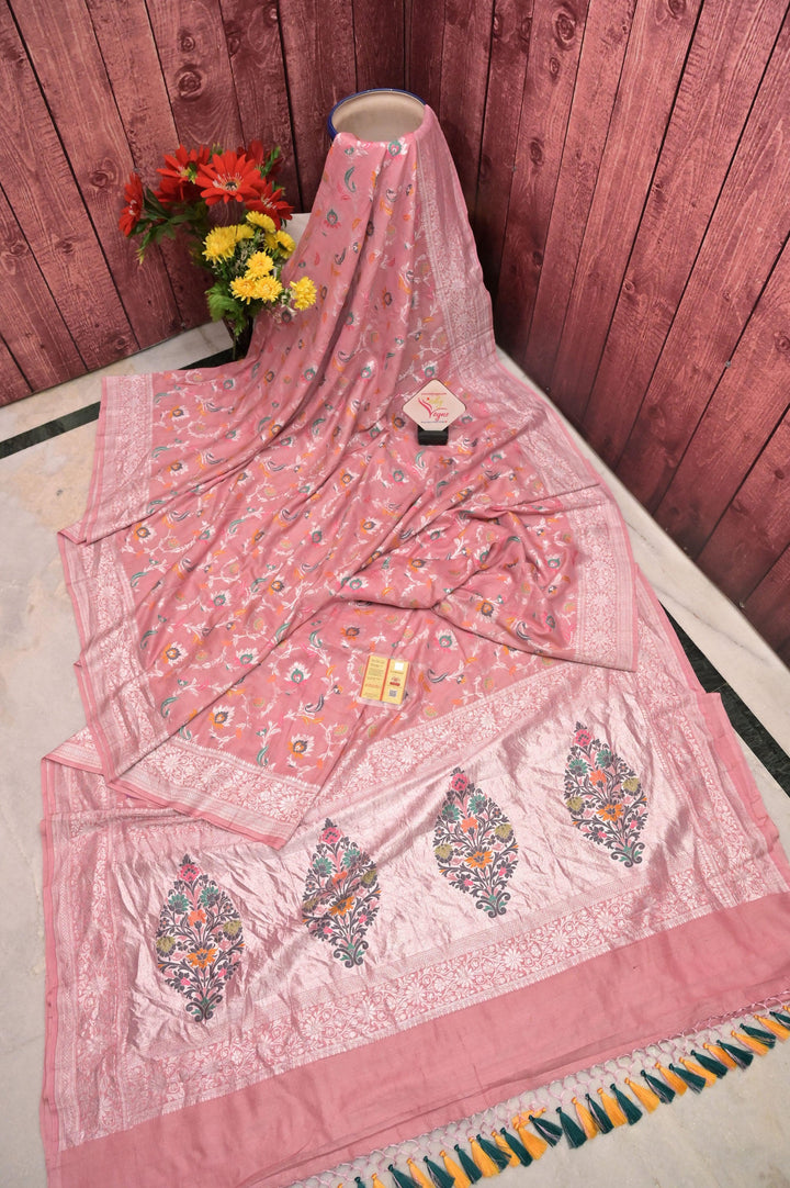 Powder Pink Color Tussar Georgette Banarasi Saree with Allover Jaal Meenakari Work