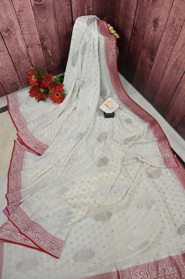 Powder White and Red Color Georgette Banarasi Saree with Silver Zari Work