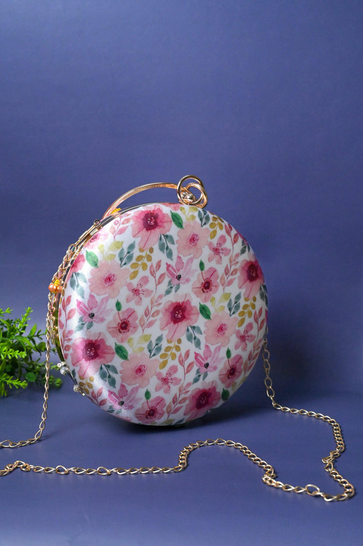 Powder White Color Floral Printed Round Clutch Designer Bag with Zari Embroidery Work