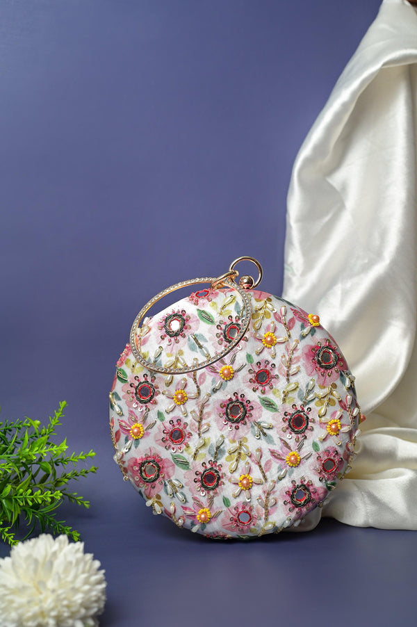 Powder White Color Floral Printed Round Clutch Designer Bag with Zari Embroidery Work