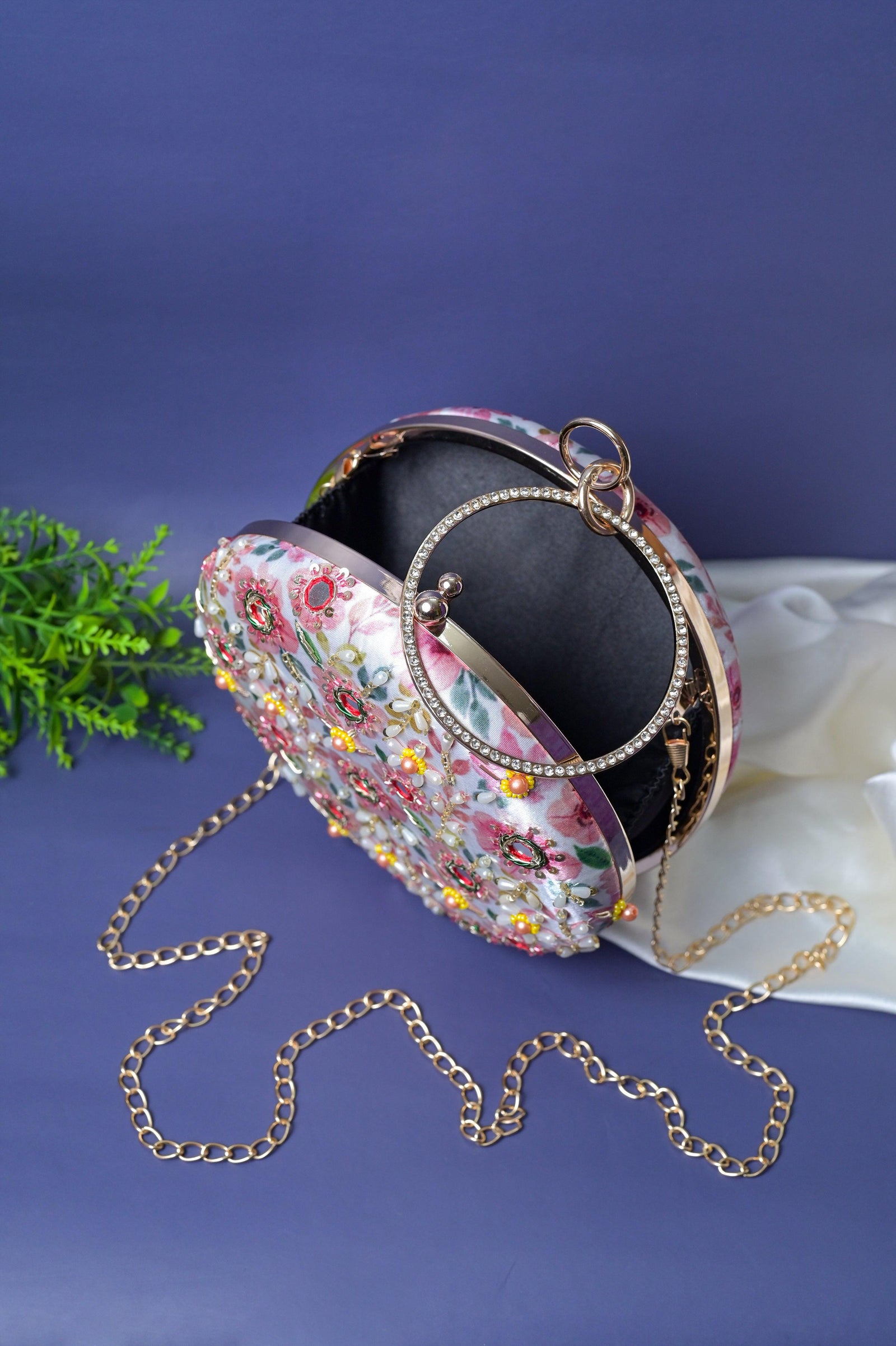 Powder White Color Floral Printed Round Clutch Designer Bag with Zari Embroidery Work