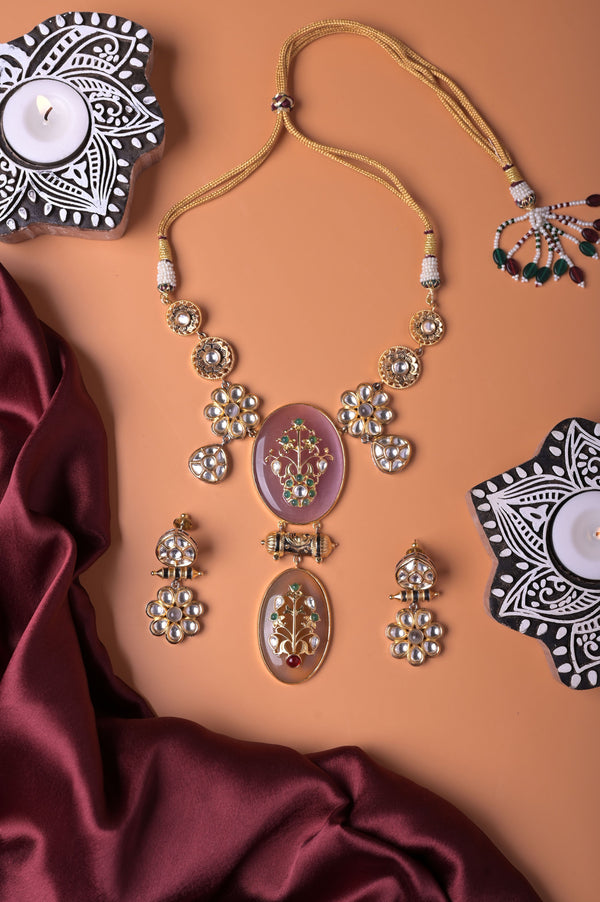 Princess Style Monalisa Stone and Kundan Work Necklace Set with Meenakari Work