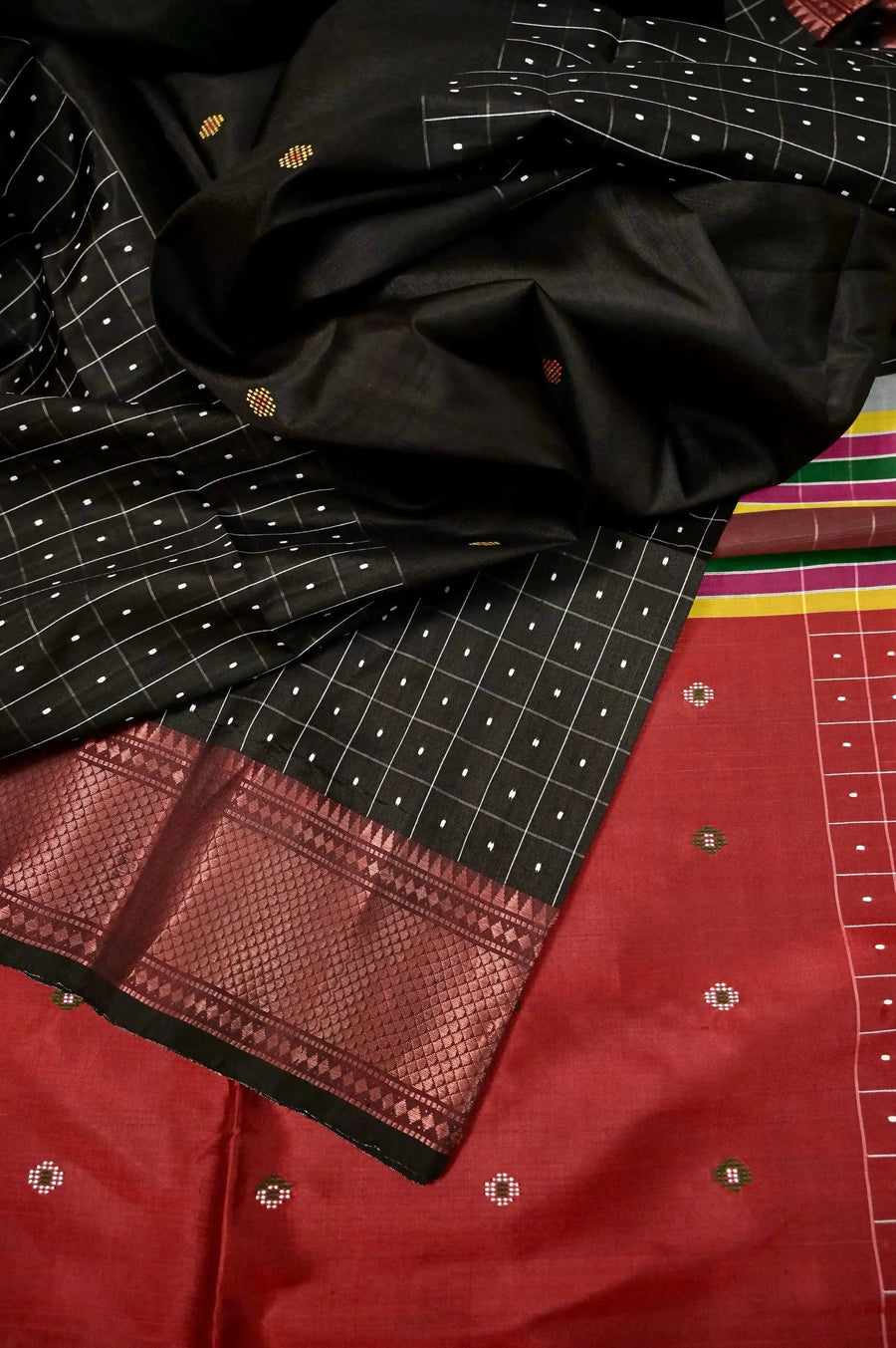 Pure Bishnupur Katan Saree in Black Color with Thread Checks Weaving and Butta Work with Skirt Border with Copper Zari Work