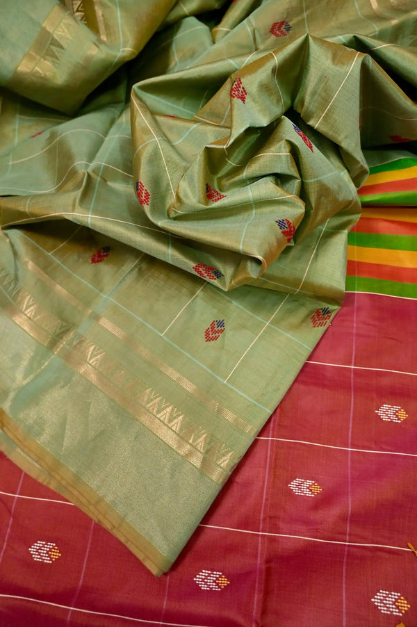 Pure Bishnupur Katan Saree in Pista Green Color with Allover Thread Checks Weaving and Butta Work