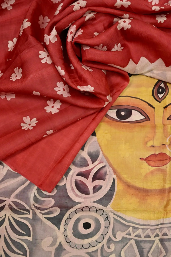 Pure Bishnupur Silk Saree in Crimson Red Color with Durga Theme Pallu and Allover Floral Motif in Hand Painting