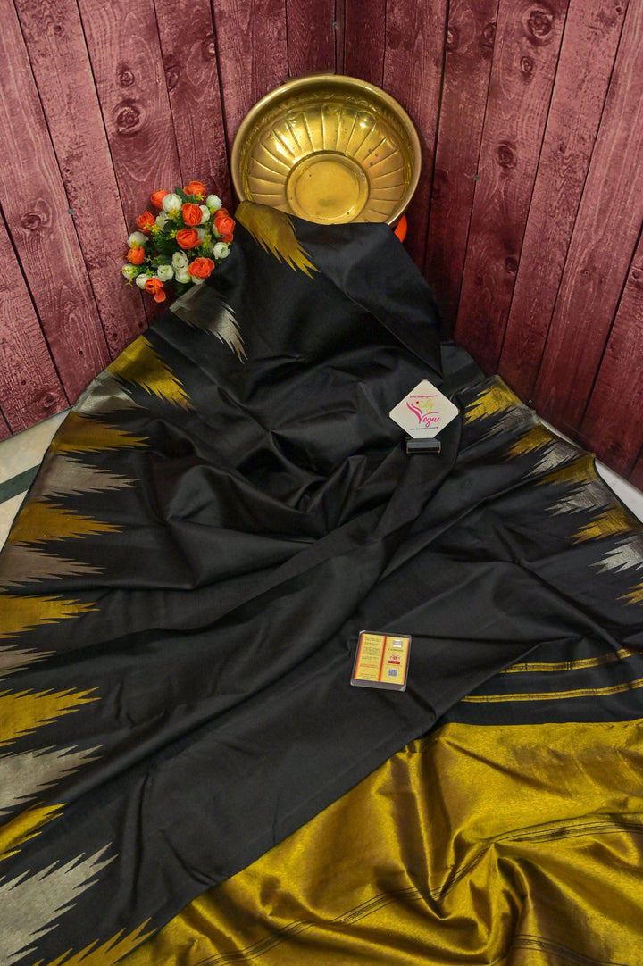 Pure Black Color Kanjeevaram Silk Saree with Golden and Silver Temple Border