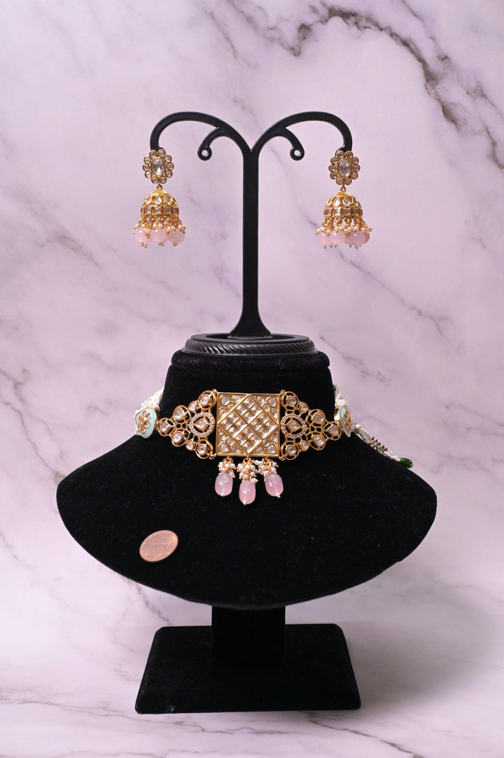 Pure Brass Metal Kundan Choker Necklace Set with Lateral Pendant