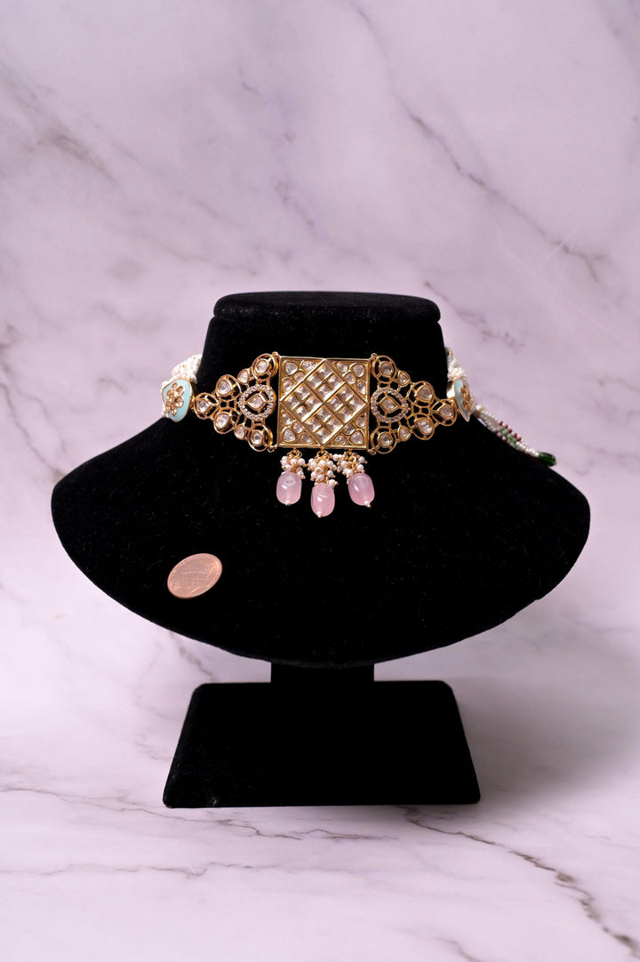 Pure Brass Metal Kundan Choker Necklace Set with Lateral Pendant