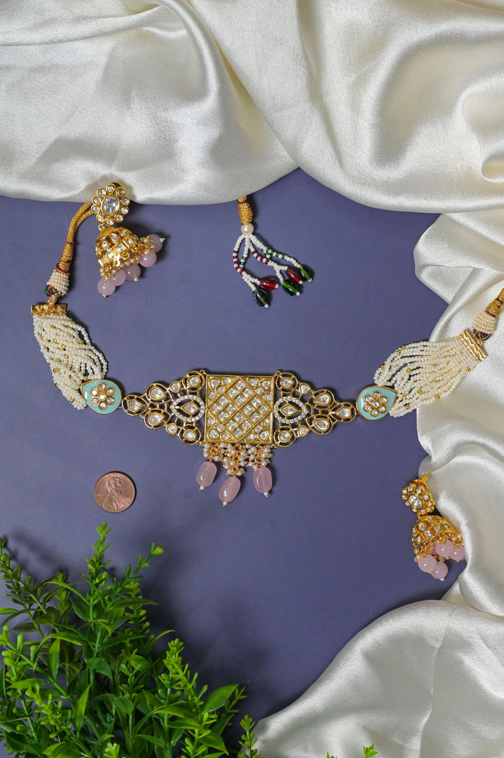 Pure Brass Metal Kundan Choker Necklace Set with Lateral Pendant