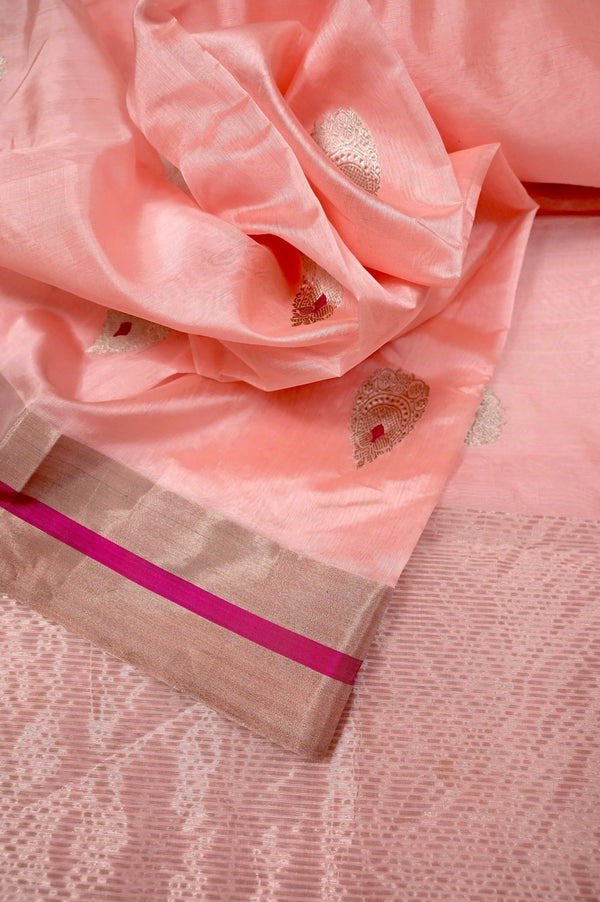 Pure Chanderi Banarasi Silk Saree in Light Pink Color with Silver and Golden Zari Work and Meenakari Butta