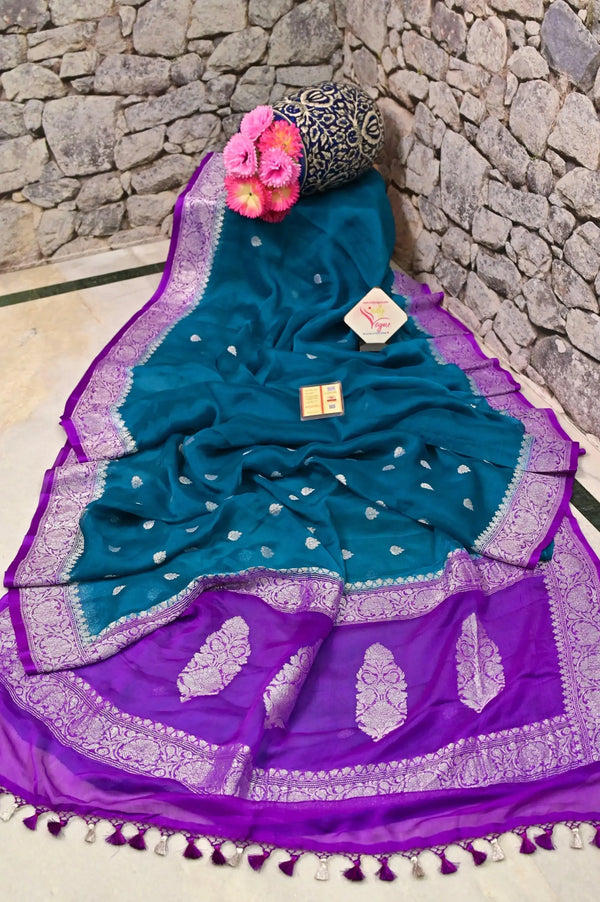 Pure Chiffon Saree in Blue and Purple Dual Tone Color with Allover Silver Zari Butta Work with Zari Border and Pallu