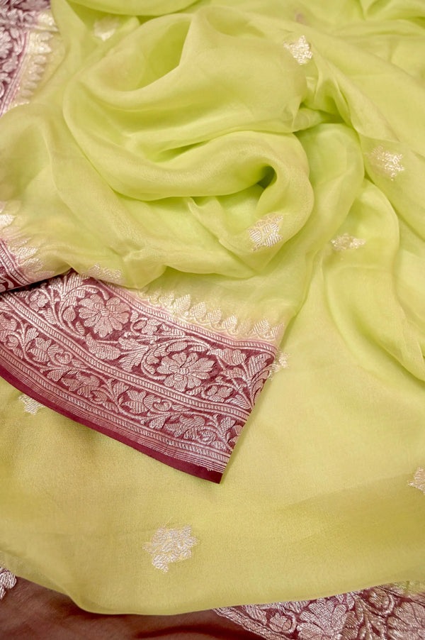 Pure Chiffon Saree in Light Pista Green and Wine Color with Allover Silver Zari Butta Work with Zari Border and Pallu
