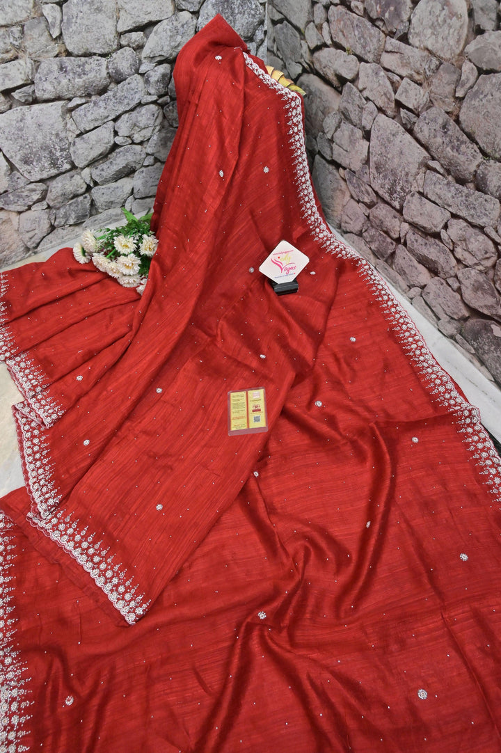 Pure Crimson Red Color Matka Saree with Hand Stone and Pearl Work