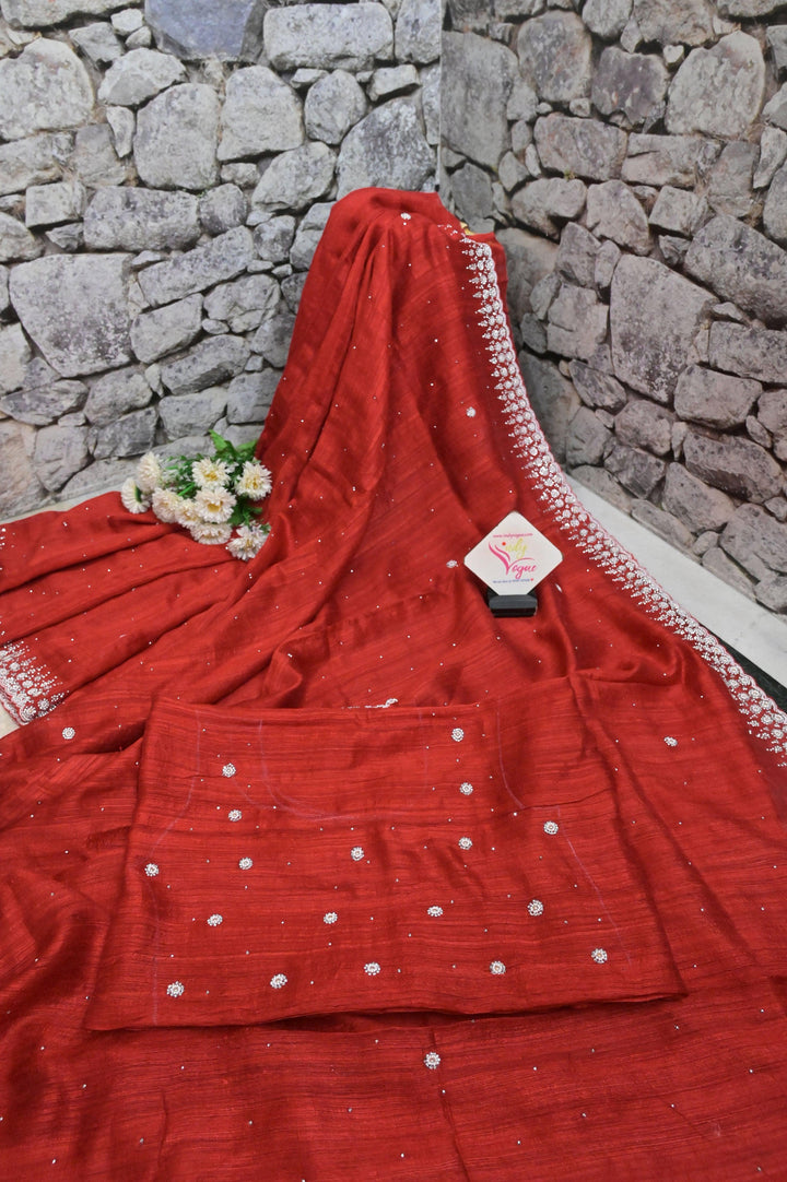 Pure Crimson Red Color Matka Saree with Hand Stone and Pearl Work