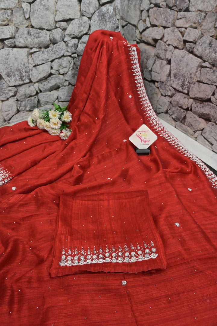 Pure Crimson Red Color Matka Saree with Hand Stone and Pearl Work
