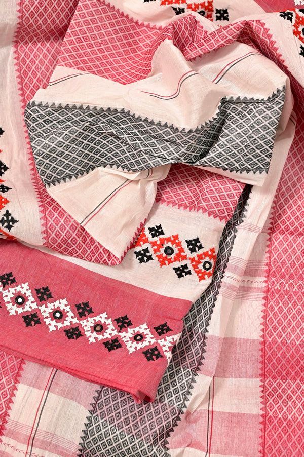 Pure Dhaniakhali Bengal Cotton Saree in Offwhite and Red Color with Gujrati Stitch and Mirror Hand Work