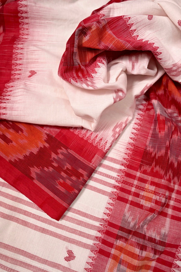 Pure Dhaniakhali Cotton Saree in Offwhite and Red Color with Allover Weaving Work and Kotki Border