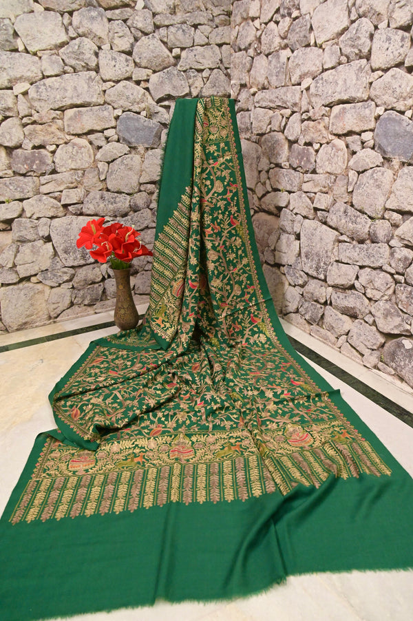 Pure Fine Wool Pashmina Shawl in Green Color With Aari Work Bird Design