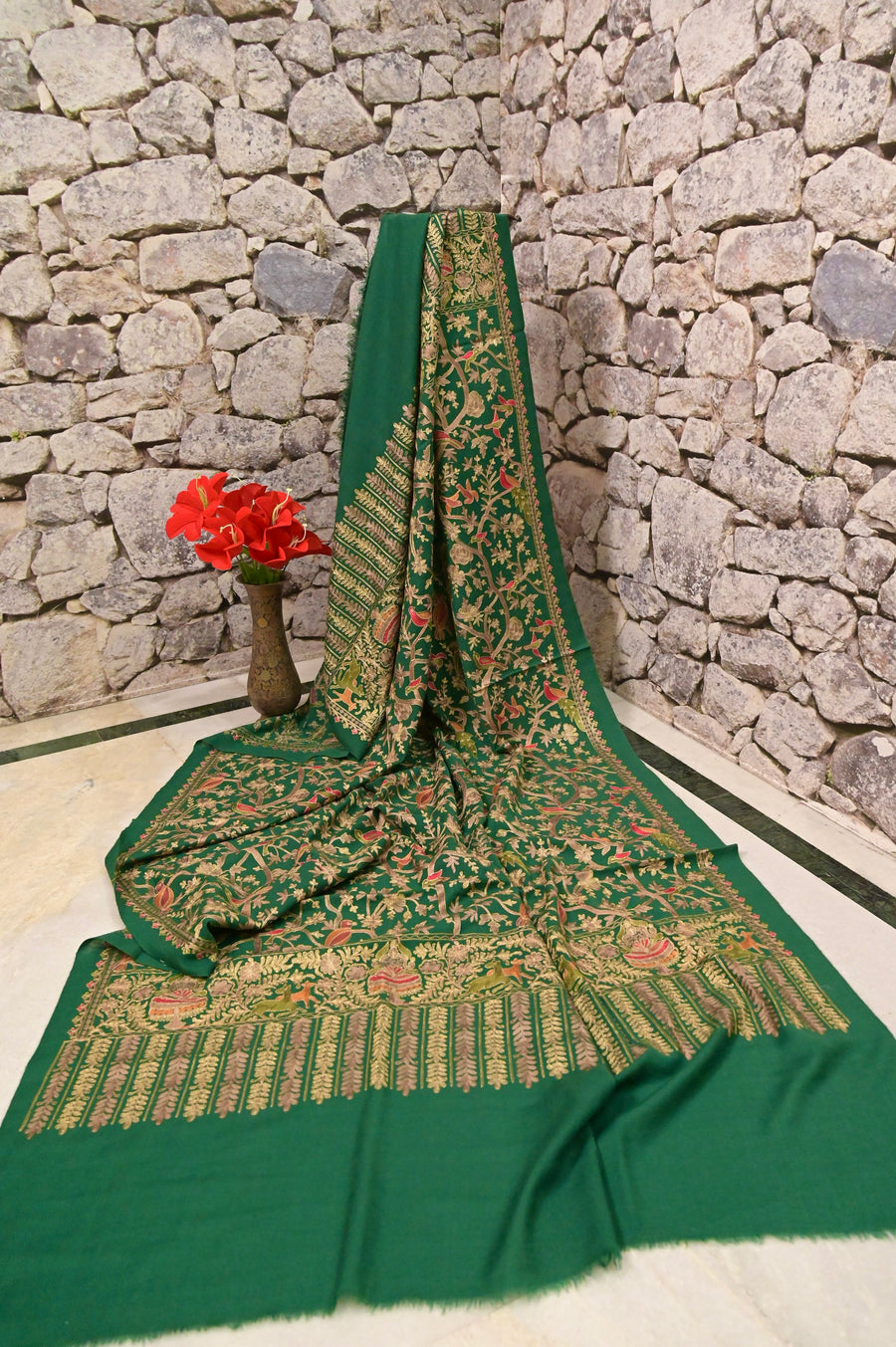 Pure Fine Wool Pashmina Shawl in Green Color With Aari Work Bird Design