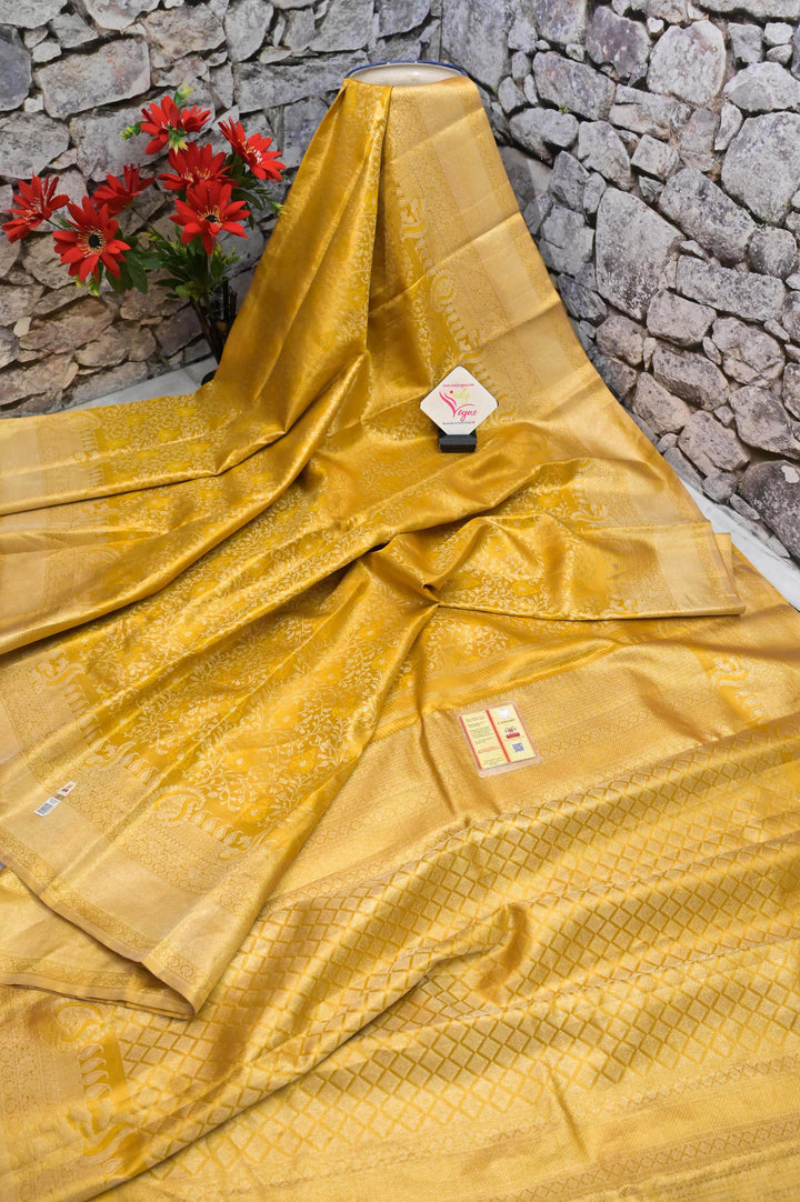 Pure Golden Color Bridal Brocade Kanjeevaram Silk Saree with Golden and Silver Zari Work