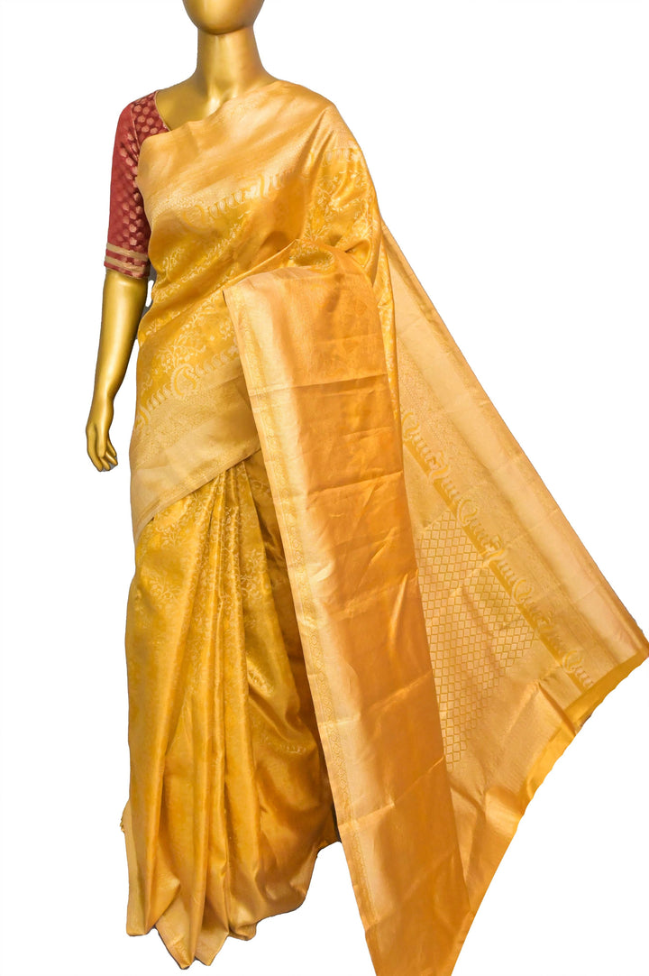 Pure Golden Color Bridal Brocade Kanjeevaram Silk Saree with Golden and Silver Zari Work