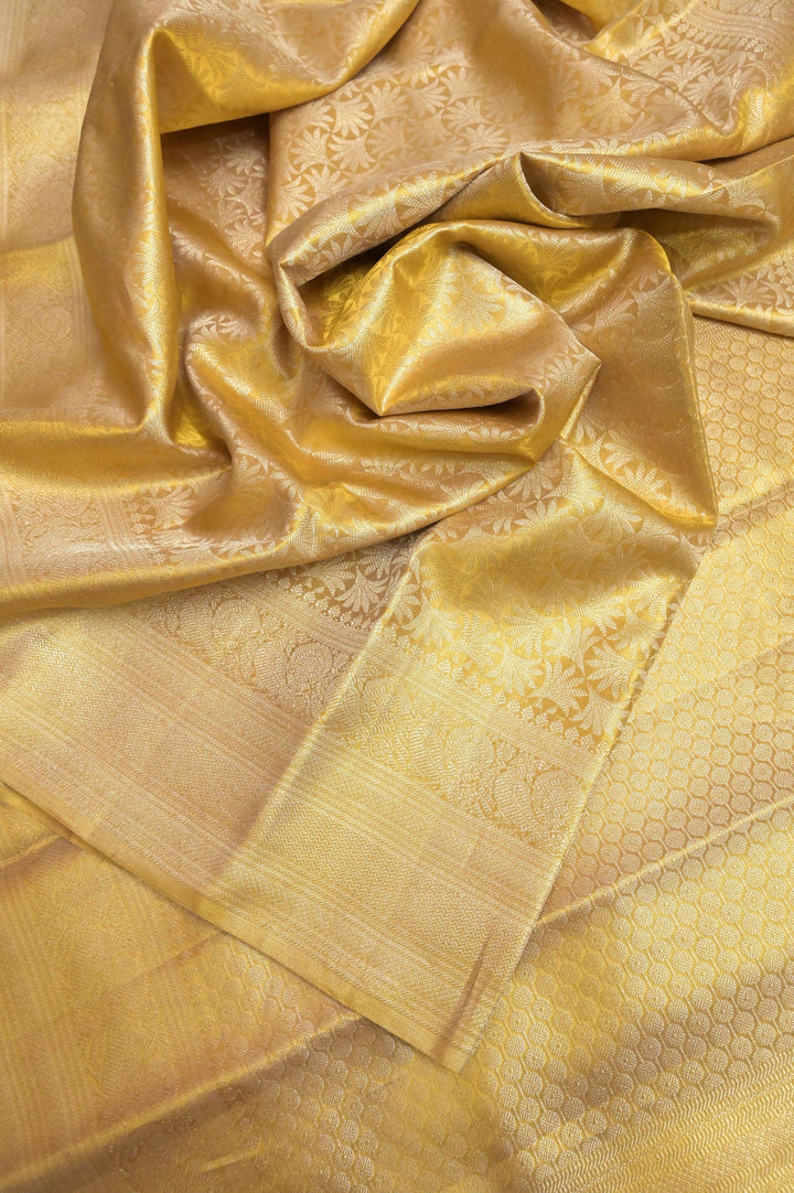 Pure Golden Color Brocade Kanjeevaram Silk Saree with Broad Border