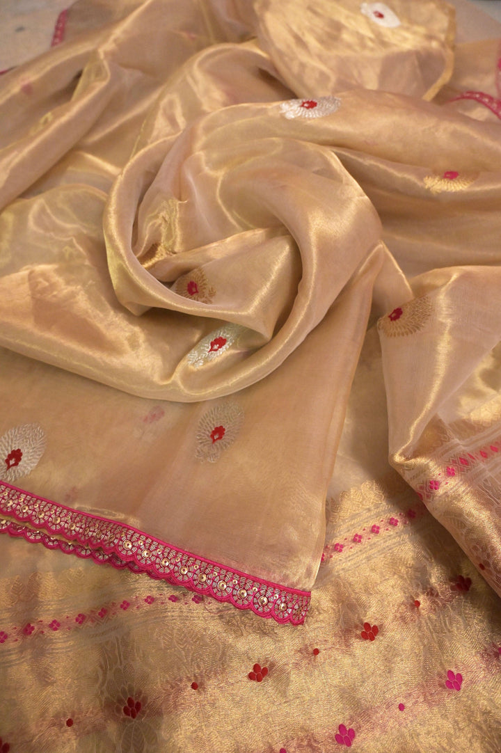 Pure Golden Color Tissue Banarasi Saree with Golden & Silver Meenakari Buti Work