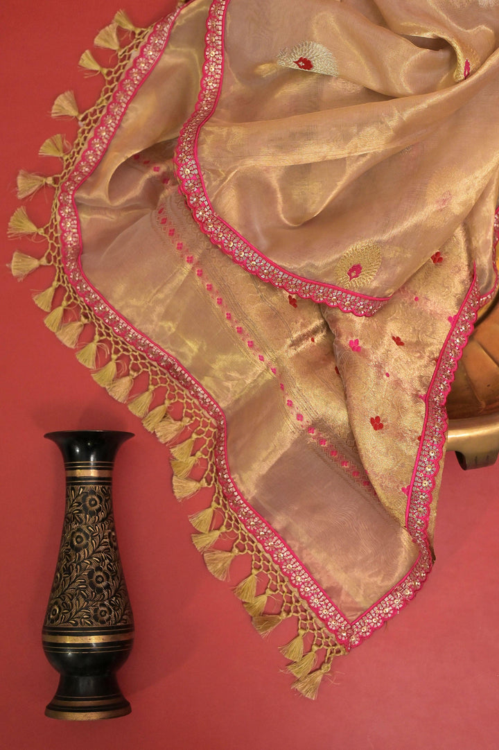 Pure Golden Color Tissue Banarasi Saree with Golden & Silver Meenakari Buti Work