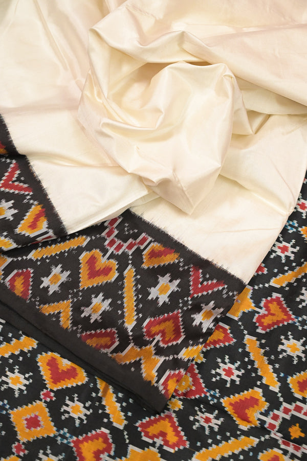 Pure Ikat Silk Saree in Offwhite Color Plain Body with Multicolored Ikat Design Border and Pallu