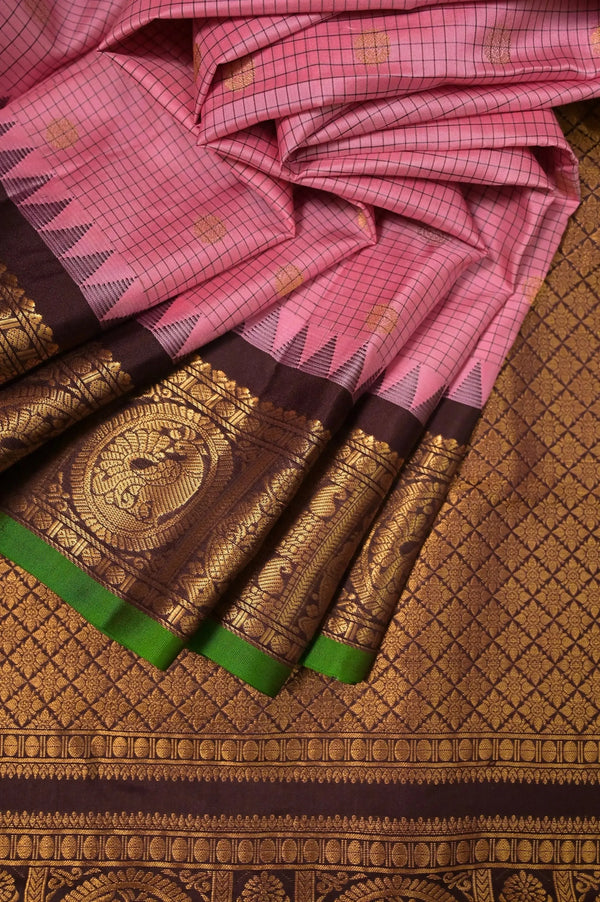Pure Kanjeevaram Saree Pink Color with Allover Golden Zari Checks and Golden Buttas with Small Temple Border