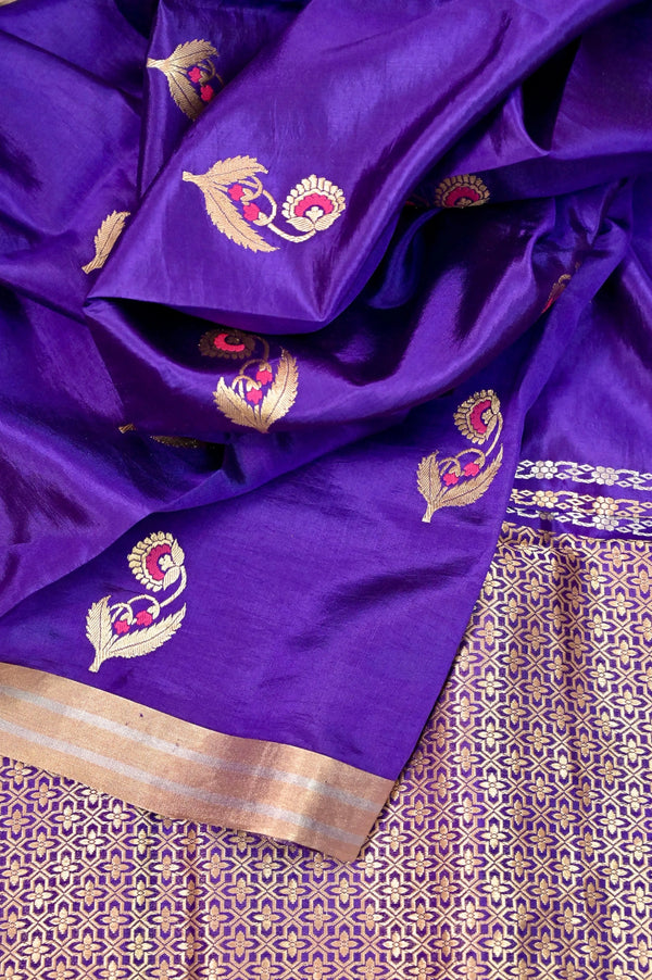Pure Katan Banarasi Saree in Brinjal Color with Meenakari Butta and Golden and Silver Zari Work