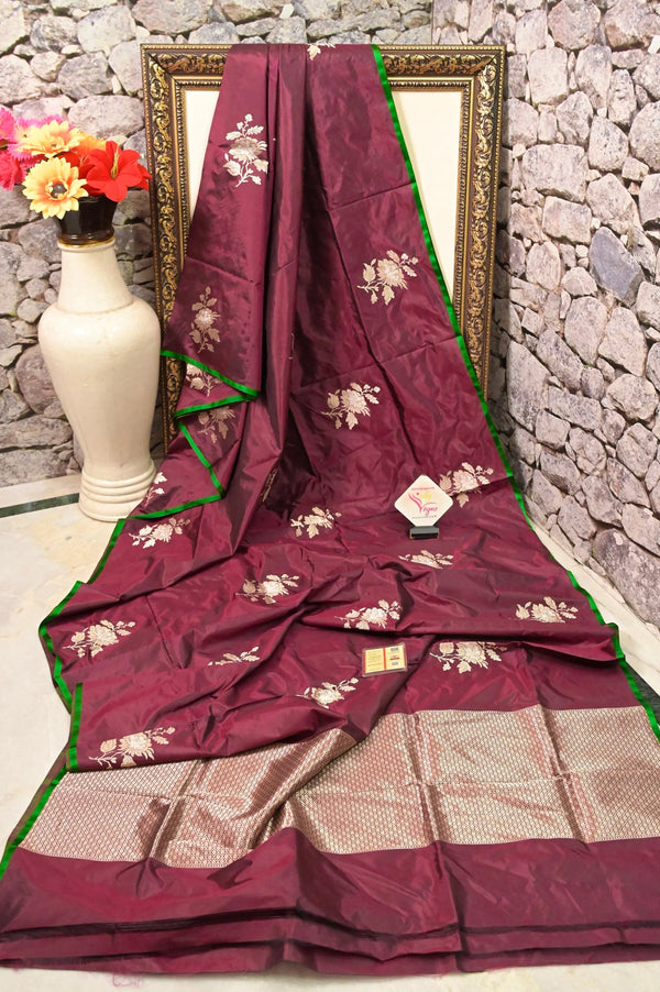 Pure Katan Banarasi Saree in Deep Wine Color with Allover Silver and Golden Zari Meenakari Butta