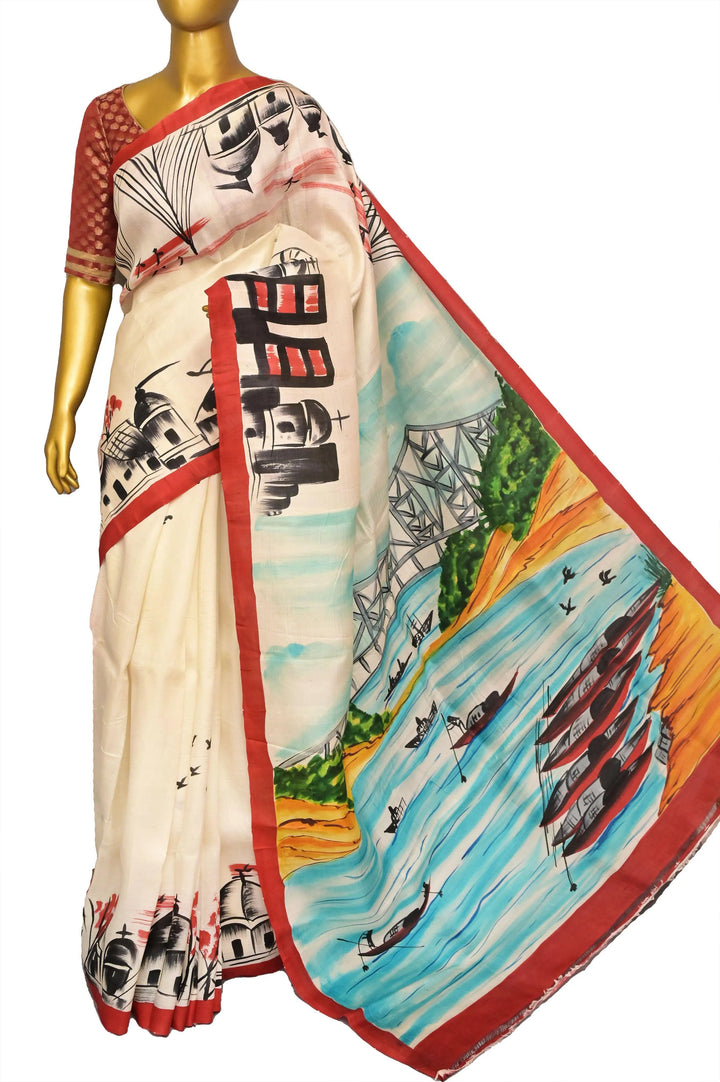 Pure Offwhite Color Bishnupur Katan Silk Saree with Kolkata Theme Hand Painting