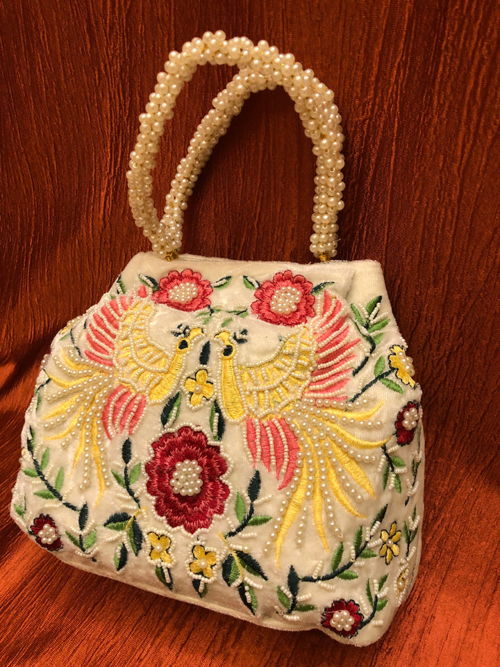 Pure Offwhite Color Clutch Bag with Parsi Embroidery & Pearl Work